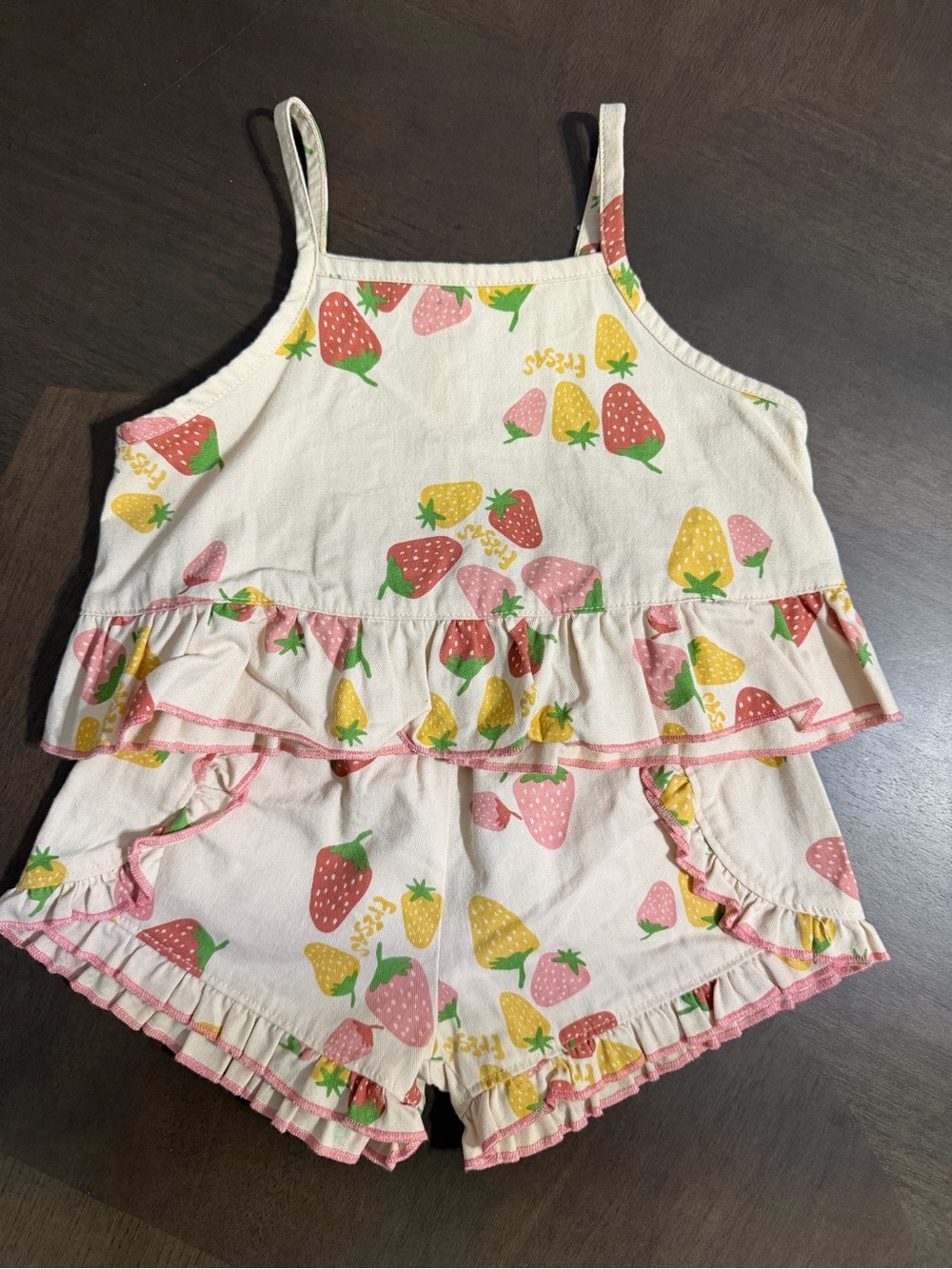 Girls Pink Strawberry Ruffle Shorts Set
